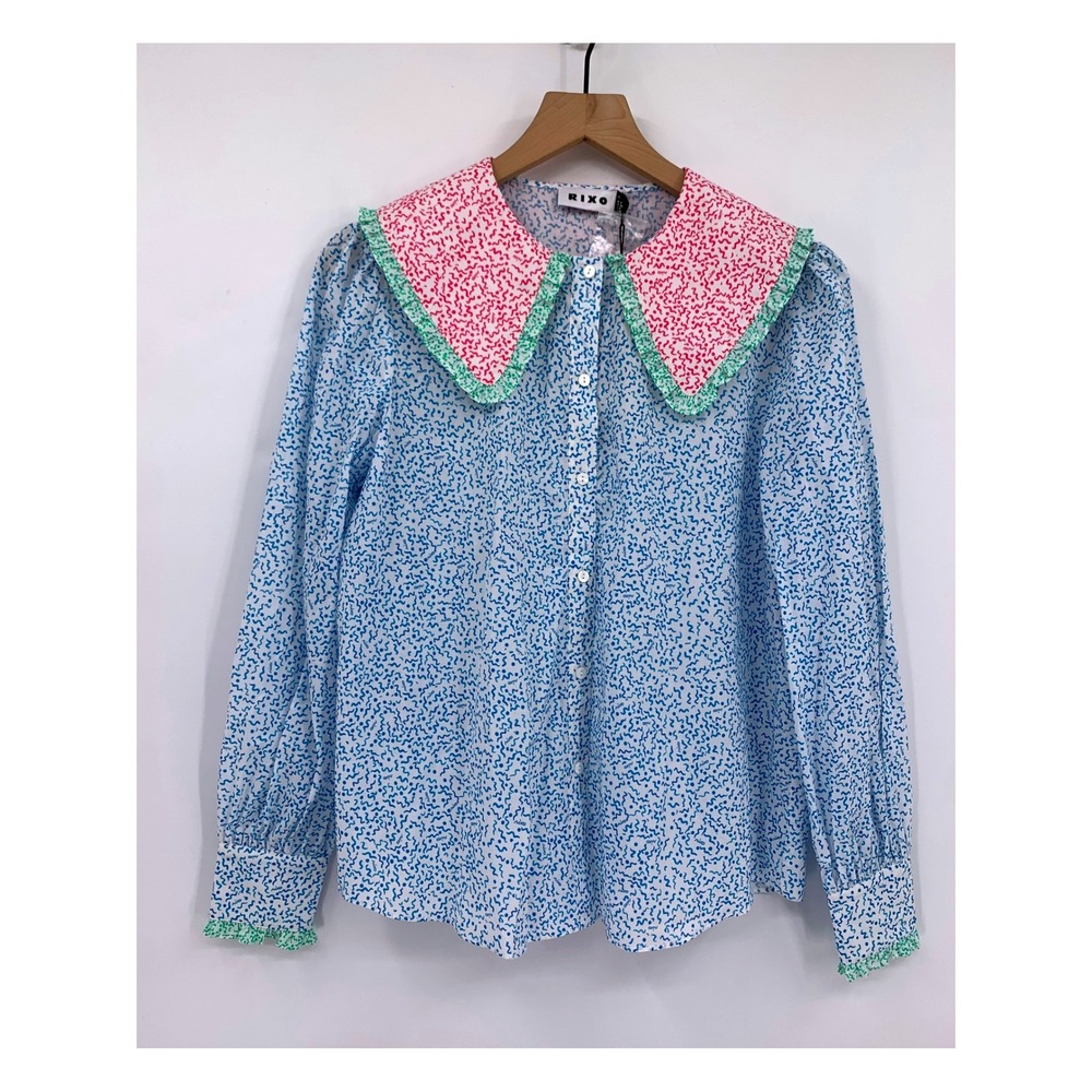 RIXO Shirt Womens XS Blue Green Misha Blouse Ruffle Collar Button Up NEW